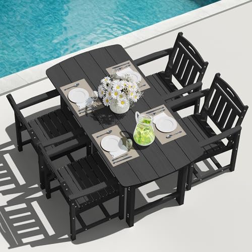 SUUNYN HDPE Outdoor Patio Dining Set with Table & 4 Chairs, All-Weather 5-Piece Outdoor Table and Chairs, 2" Umbrella Hole, Patio Furniture for Garden, Backyard, Deck | Matte Black