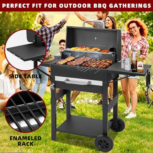 Charcoal Grill with 2 Side Tables 343 Sq.In.for BBQ Outdoor Cooking