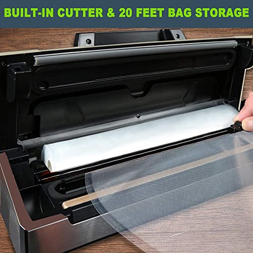 Potane Precision Vacuum Machine,Pro Food Sealer with Built-in Cutter and Bag Storage(Up to 20 Feet Length), Both Auto Manual Options,2 Modes,Includes 2 Bag Rolls 11”x16’ and 8”x16’,Compact Design