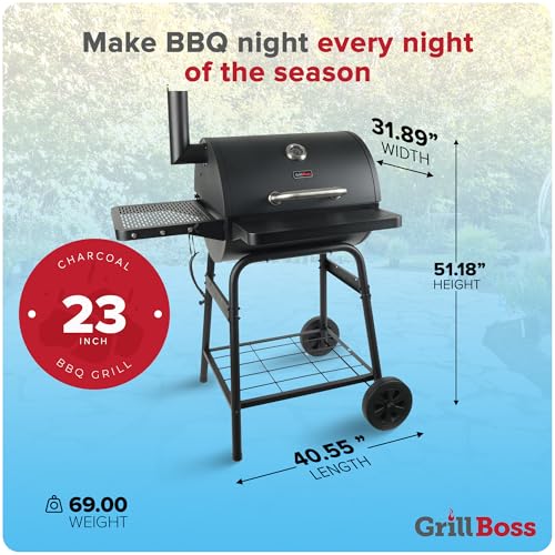 Grill Boss 23 Inch Charcoal Barrel Grill with Adjustable Grate, Large Cooking Area, Black