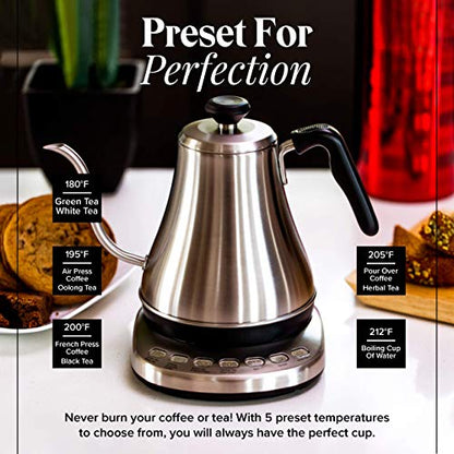 Gooseneck Electric Kettle with Temperature Control - 0.8L Stainless Steel & BPA Free Plastic - Custom Temp Presets for Teas & Coffee - Keep Warm Option
