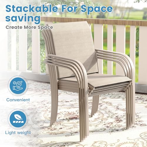 DIFY 9 Pieces Outdoor Patio Dining Set for 8, 53.1" Sandshell Round Metal Dining Table and 8 Sandshell Stackable Sling Dining Chairs, Outdoor Table and Chairs for Lawn Garden Backyard Deck