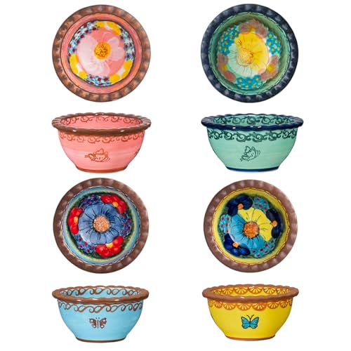 Handmade 3 oz Ramekins, silesia Ceramic Creme Brulee Pudding Cups Set of 4 - Hand Painted Small Sauce Bowl for Kitchen in Gift Box, Microwave & Dishwasher Safe, 3.5 inch, Assorted Glazed