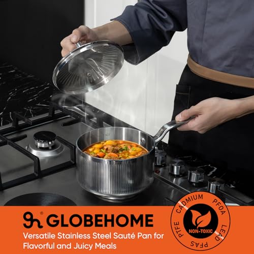 GLOBEHOME 2 Quart Saucepan with Lid, 5-Ply Stainless Steel Sauce Pan, Induction Compatible & Oven Broiler Safe to 800°F, Heavy Duty Sauce Pot for Even Heating, Dishwasher Safe