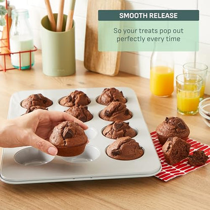 T-fal Refresh Ceramic Nonstick Baking Pans Set (8 Pc), Roaster, 12-Cup for Muffins, Loaf Trays, Baking Sheets Non Stick, Cooling Cooking Rack, Stackable Bakeware Set, Mint Green