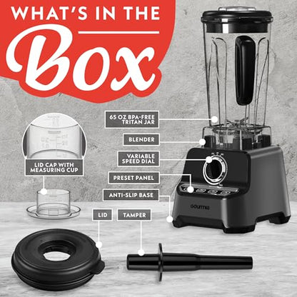 Gourmia Countertop Commercial Blender – 2L BPA-Free Pitcher, 4 Presets, 1500W High-Speed Motor, 45,000 RPM, Variable Speed Dial, Built-In Tamper, Dishwasher-Safe Parts, Black