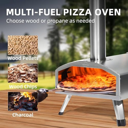 12” Portable Wood Fired Pizza Oven - Stainless Steel Pellet Pizza Stove with Rotating Stone for Outdoor Cooking, Backyard & Camping