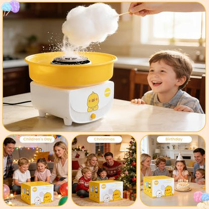 Cotton Candy Machine for Kids & Family, Mini Yellow Duck Electric Cotton Candy Maker with 11 Sticks & Sugar Scoop, Cute Cartoon Design for Birthday Christmas Party Gifts