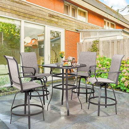 Vongrasig 5 Piece Patio Swivel Bar Set, All Weather Mental Textilene High Swivel Bar Stools Chair Set of 4 and Glass Bar Table, Outdoor High Top Bistro Set for Lawn Garden, Balcony, Taupe