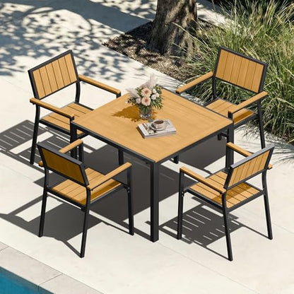 Aluminum Outdoor Dining Set, Patio Square Table and Stackable Chairs, Teak
