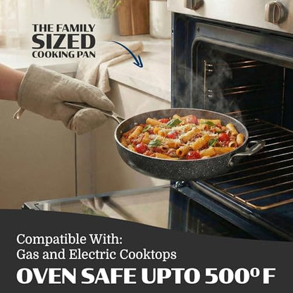 Granitestone Ceraluxe 14 Inch Frying Pan with Lid, Family Sized Large Frying Pan Skillet with Ceramic Nonstick Coating, Non Toxic PFOA Free, Oven and Dishwasher Safe - Black