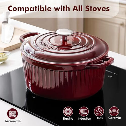 SENSARTE Enameled Cast Iron Dutch Oven Pot with Lid 3.5/5.5/6.5 Quart Heavy-Duty Round Dual Handles Kitchen Pot with Cotton Potholders & Silicone Trivet, Pot for Bread Baking, Stews, Braising, Roasting, Oven Safe, 6.5 Quart, Red