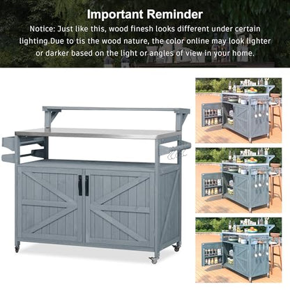 Karzibo 53.4" Farmhouse Outdoor Kitchen Island, Solid Wood Rolling Grill Cart with Stainless Steel Top, Raised Shelf, Internal Storage Rack, Adjustable Shelf & Spice Rack (Grey Blue)
