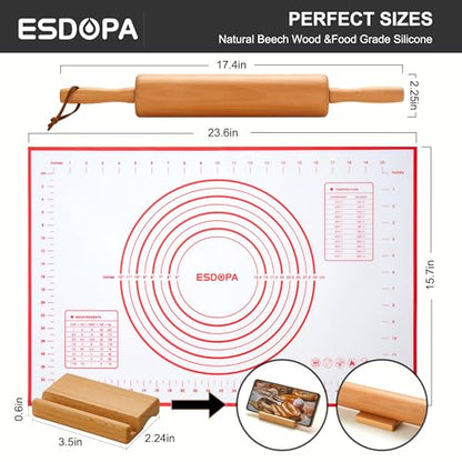 ESDOPA Classic Wood Rolling Pin - Wooden Rolling Pins for Baking Silicone Mat Set, Dough Roller with Wood Base, Fondant Roller for Pie Crust Cookies Pizza Dough and Bread, 17 Inch