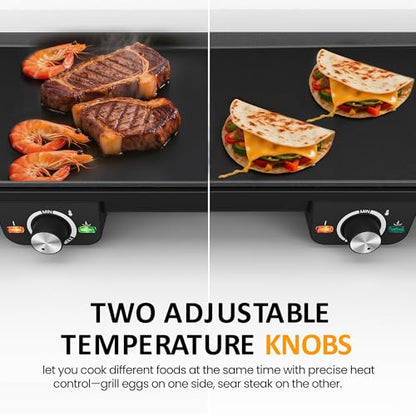 SUNVIVIPRO Electric Griddle Indoor, 1600W Large Flat Top Grill with 17.5" x 9" Nonstick Plates, 2 Cooking Zone with Adjustable Temp, Pancake Egg Maker with Drip Tray, Indicator Light
