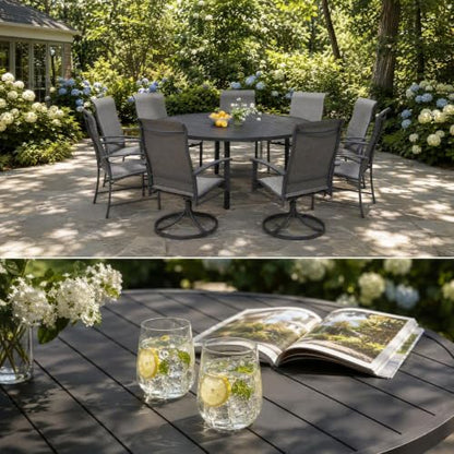 Puntogen 9 Pieces Metal Patio Dining Set with Umbrella Hole, 60" Round Patio Table and Chairs Set with 8 Swivel Chairs, All Weather Outdoor Patio Furniture