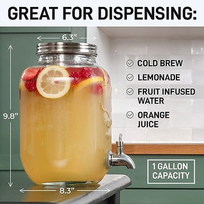 Zulay 1 Gallon/128oz Cold Brew Coffee Maker – Thick Glass Pitcher with Stainless Steel Filter, Lid & Spout – Large Mason Jar Container Dispenser - Iced Coffee & Sun Tea Brewer for Fridge – Silver