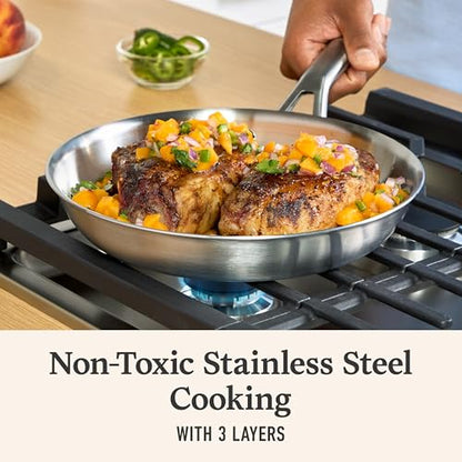 Calphalon Brushed 3-Ply Stainless Steel Cookware w/Turbo Heat Tech 10" Fry Pan, Induction, Oven Safe 450F, Brushed Stainless Silver