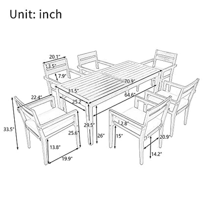 Hlcodca 7 Piece Patio Dining Table Set with Removable Cushion, Outdoor Acacia Wood Furniture Set for Garden, Backyard, Lawn, Poolside (A-Burly Wood)