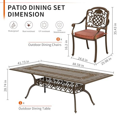 ADREAK 9-Piece Patio Furniture Dining Set, All-Weather Cast Aluminum Outdoor Table and Chairs for 8, Includes 88’’Rectangular Dining Table & 8 Stackable Cushioned Dining Chairs, Red