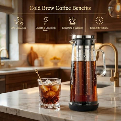 BrewMOO- Airtight Cold Brew Coffee Maker Pitcher, 1.4L/48Oz Thick Glass Carafe with Filter, Comfort Sturdy Handle & Wide Spout, Non-Slip Base | Iced Tea Maker (Black)