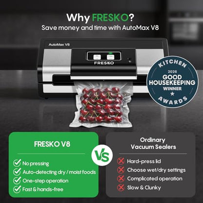 FRESKO Automatic Vacuum Sealer for Food, Hands-Free Operation, Seal 50 Bags in 20 min – Ideal for Meal Prep & Bulk Food Storage, Powerful Suction, Built-in Cutter & 2 Roll Bags
