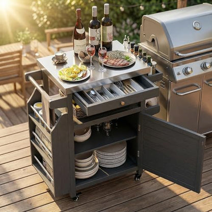 Girarvs Outdoor Grill Cart with 304 Stainless Steel Tabletop and Storage Cabinets, Movable Kitchen Island with 360 Lockable Wheels for BBQ Food Prep, Solid Wood Outdoor Kitchen Station(Dark Gray)