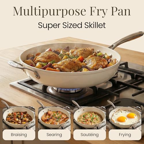 GOTHAM STEEL Cream 14 Inch Non Stick Frying Pans, Large Family Sized Nonstick Cooking Pan Skillet, Nonstick, 100% PFOA Free Ceramic Coating, Oven and Dishwasher Safe, Cream White