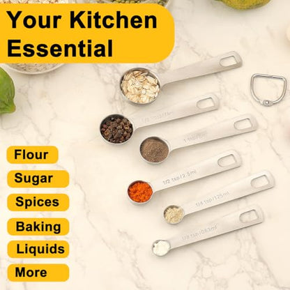 Stainless Steel Measuring Spoons Set, 6 Piece Metal Measuring Spoon Set for Dry & Liquid Ingredients, Heavy Duty 18/8 Steel with Engraved US & Metric Marks, Nesting Kitchen Spoons for Cooking Baking