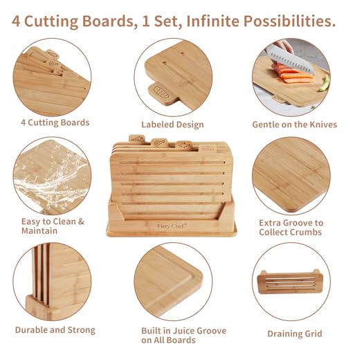Fiery Chef 12.6"L x 9"W Bamboo Cutting Board Set of 4 - Wood Cutting Board Set with Holder, Chopping Boards Set with Food Icons, Juice Groove - Ideal for Meat, Fish, Bread, Vegetable, Fruit Chopping