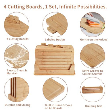 Fiery Chef 12.6"L x 9"W Bamboo Cutting Board Set of 4 - Wood Cutting Board Set with Holder, Chopping Boards Set with Food Icons, Juice Groove - Ideal for Meat, Fish, Bread, Vegetable, Fruit Chopping