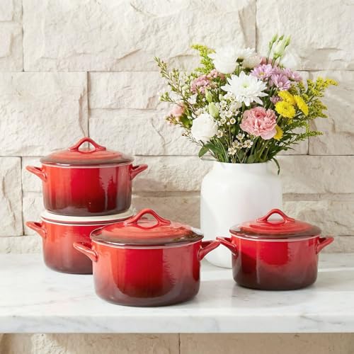 JINSONGDAFA Ceramic Mini Cocotte Set, 17.7 Ounces Small Casserole Dishes with Lids and Handles, Individual Baking Ramekins, Oven, Microwave & Dishwasher Safe (Inner white outer gradient Red glaze)