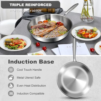 EWFEN 12 Inch Tri-Ply Stainless Steel Frying Pan, Compatible with All Cooktops Up to 600℉, Large Frying Pan Induction-Ready Skillet, Dishwasher and Oven Safe, Even Heat, 12" Skillet