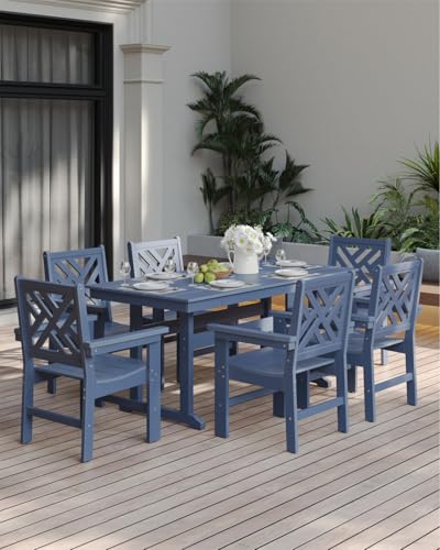 BIVODA 7-Piece Outdoor Dining Set, HDPE All-Weather Patio Table and Chairs Set for 6, Outdoor Patio Furniture Sets with Umbrella Hole for Outside, Deck, Backyard, Garden (Navy Blue)