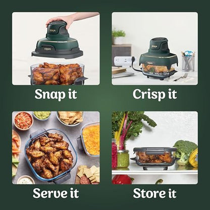 Ninja Crispi 5-in-1 Glass Air Fryer | With Nontoxic 2.5 QT, 4QT, 6-Cup Containers & Lids | Microwave, Freezer & Dishwasher Safe | 450°F Max Temp | Green | FN103BF