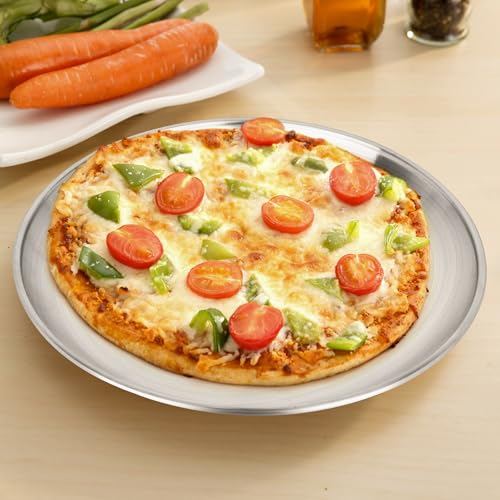 tchrules 12 Inch Pizza Pan Set of 8, Stainless Steel Pizza Tray, Round Non-Stick Coating Pizza Plate for Oven Kitchen Baking Home Restaurant, Dishwasher Safe （Silver）