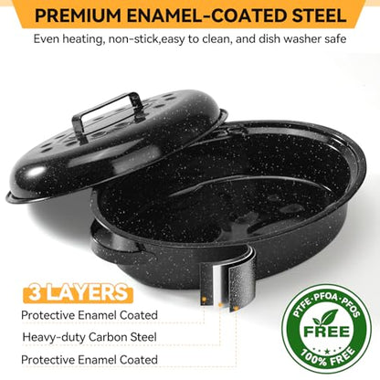 15.4” Roasting Pan With Lid, Oval Roaster Pan, Medium Roasting Pan For 10 Lb Turkey, Chicken, Lamb, Vegetables, Casserole, Lasagnaa
