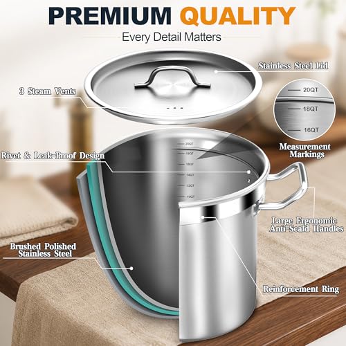 Large Stock Pot - 20QT Stainless Steel Stockpot with Lid, Heavy Duty Tri-Ply Bottom Commercial Grade Soup Pot for Cooking Soup, Stew, Pasta, Oven, Gas, Ceramic, Dishwasher Safe