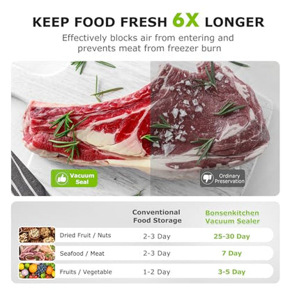 Bonsenkitchen Vacuum Sealer Machine | Compact Food Sealer for Kitchen Storage & Meal Prep | Multiple Modes | External Vacuum System | 5 Bags, Silver