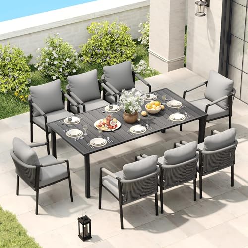 Patio Dining Set, 9-Piece Woven Rope Rattan Dining Table and Chairs Set