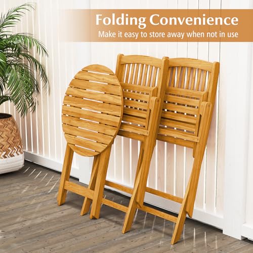 Tangkula 3 Pieces Acacia Wood Patio Folding Bistro Set, Outdoor Table and Chairs Set with Soft Cushions, Patio Furniture Set for Porch, Balcony, Garden, Deck and Backyard