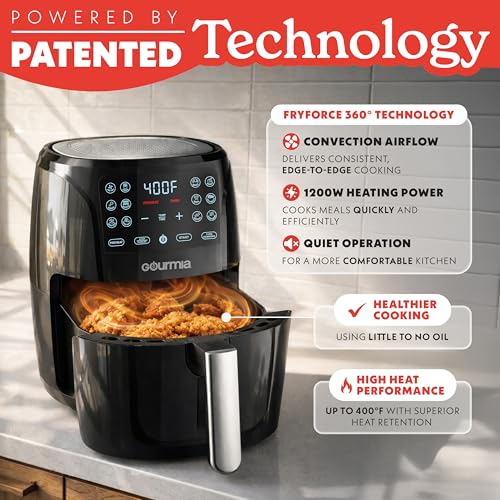 Gourmia Air Fryer - 6 Qt Large Capacity, FryForce 360º, Digital Display with 12 Presets, Roast, Bake, Broil, Dehydrate, Dishwasher Safe Accessories, Black