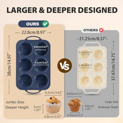 Vnray Jumbo Silicone Muffin Pan with Metal Frame, Non Stick Silicone Cupcake Pan with Handles 6 Cup, BPA Free Silicon Muffin Tin Tray Extra Large for baking, egg bites, Cupcake Mold Grey