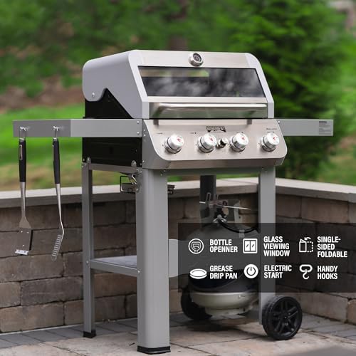 Monument Grills 4-Burner Liquid Propane Gas Grill, Silver Stainless Steel Grill Patio Garden Barbecue Grill with Clearview® Lid and One Foldable Shelf, Mesa400MF with BBQ Cover