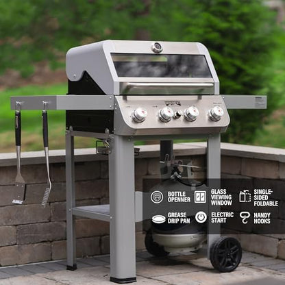 Monument Grills 4-Burner Liquid Propane Gas Grill, Silver Stainless Steel Grill Patio Garden Barbecue Grill with Clearview® Lid and One Foldable Shelf, Mesa400MF with BBQ Cover