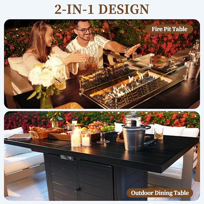 PIZZELLO 10 Piece Patio Furniture Set with 60" Propane Firepit Table, 6Pcs Outdoor Swivel Rocker Chairs with 3 Side Tables and Aluminum Gas Fire Table