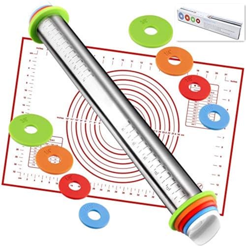 Rolling Pin with Adjustable Thickness Rings and Silicone Baking Pastry Mat Set for Baking,Stainless Steel Dough Roller,Baking Supplies for Cookie Fondant Pizza Cake Pasta(Red)