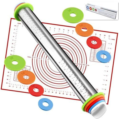 Rolling Pin with Adjustable Thickness Rings and Silicone Baking Pastry Mat Set for Baking,Stainless Steel Dough Roller,Baking Supplies for Cookie Fondant Pizza Cake Pasta(Red)