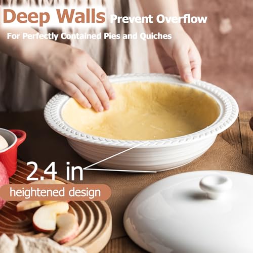 Cormomu Deep Dish Pie Pan with Lid, 11 inch Ceramic Pie Dish, Round Baking Dish for Apple, Quiche, Pot Pies, Tart, etc, Microwave, Dishwasher, and Oven Safe