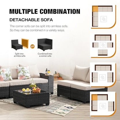 JOYURE 8 Pieces Patio Furniture Set All-Weather Outdoor Wicker Sectional Conversation Sofa Rattan Patio Seating Sofa with Cushion and Glass Table for Porch Poolside,Beige